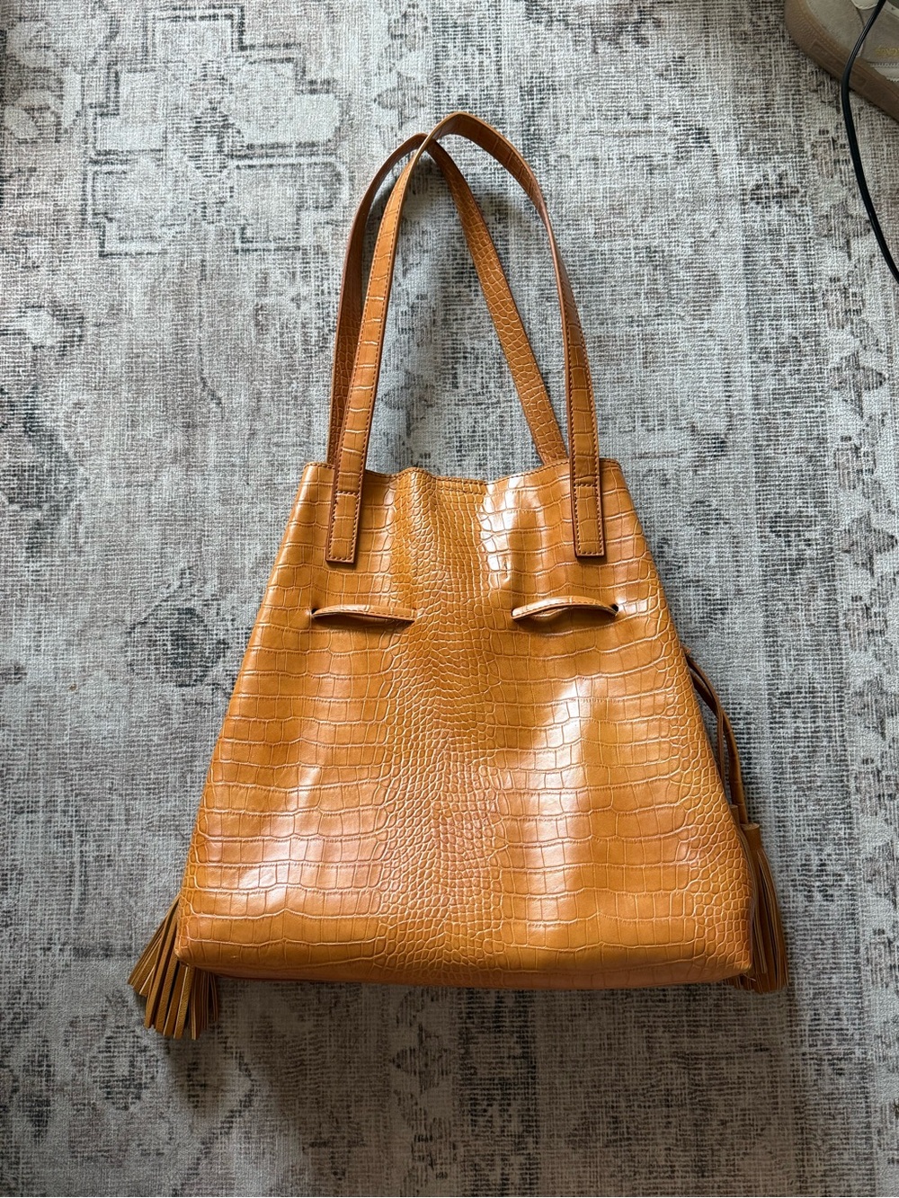 Anthropologie Croc-Embossed Tan Tote with Tassels